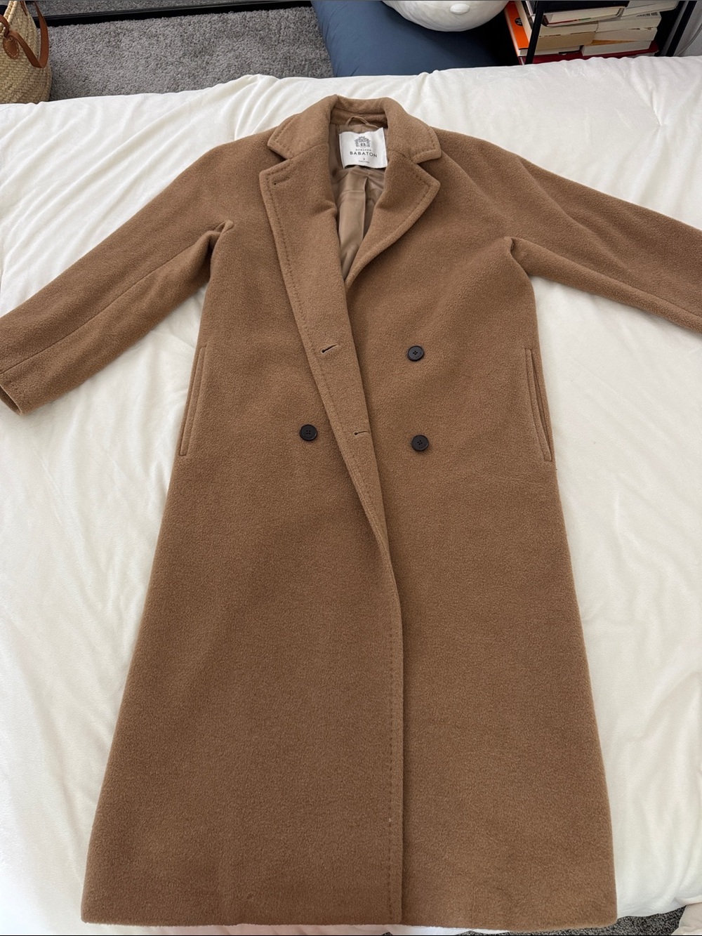 Aritzia Babaton Atelier wool blend long trench coat, camel brown, size 2